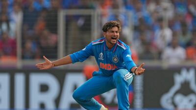 India's Kuldeep Yadav successfully appeals successfully for the lbw against Pakistan's Saud Shakeel. AP