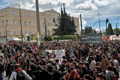 Protesters gather in front of the Greek parliament in Athens during a demonstration following a deadly train accident late on February 28. AFP