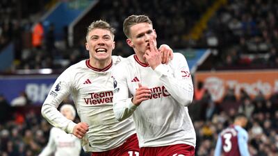 Scott McTominay of Manchester United celebrates with teammate Rasmus Hojlund after scoring his side's winner in the 2-1 Premier League win against Aston Villa at Villa Park on February 11, 2024. Getty Images