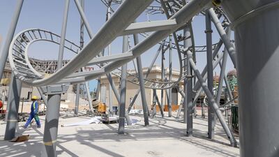 A roller coaster under construction at Motiongate at Dubai Parks and Resorts in Dubai. Pawan Singh / The National