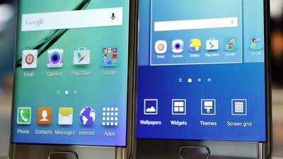 Samsung Galaxy S6 Edge+ smartphones on display at the IFA show in Berlin, Germany. Michael Sohn / AP Photo