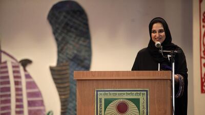 Dr Nawal al Hosany, director of the Zayed Future Energy Prize, speaking at the dedication of solar panels installed at the Sheikh Khalifa Bangladesh Islamia School in Abu Dhabi. The awards are part of a larger initiative by the Government to catalyse innovation in renewable energy and sustainability. Sammy Dallal / The National