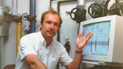 Sir Tim Berners-Lee shows off an early webpage created at the European Particle Physics Laboratory, or CERN. Sotheby's