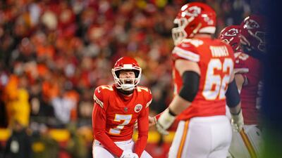 Kansas City Chiefs place kicker Harrison Butker celebrates after making a game-winning field goal against the Cincinnati Bengal. Reuters