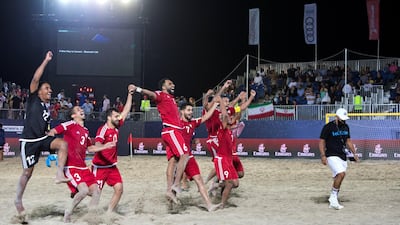 UAE celebrate their dramatic win over Japan during the Intercontinental Beach Soccer Cup at Kite Beach. Leslie Pableo/The National