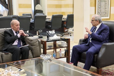French special envoy Jean-Yves Le Drian, left, in discussion with Lebanese Prime Minister Nawaf Salam at the Government Palace in Beirut. EPA