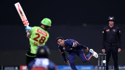 Maratha Arabians' Shiraz Ahmed bowls during an early Abu Dhabi T10 match against Qalandars on November 17. Chris Whiteoak / The National