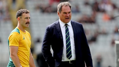 Australia's coach Dave Rennie talks to Nic White. AFP