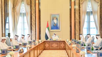 Sheikh Mansour bin Zayed, Deputy Prime Minister and Minister of Presidential Affairs, and vice chairman of Mubadala Investment Company, leads a meeting of the board at Qasr Al Watan in Abu Dhabi. Photo: Wam