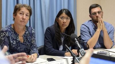 Francoise Saulnier, Medecins Sans Frontieres, lead counsel, Joanne Liu, President of MSF International, and Bruno Jochum, Director General of MSF Switzerland, from left to right, attend a news conference on the US air strike on a hospital in Kunduz, Afghanistan. Keystone via AP / Martial Trezzini