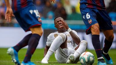 Real Madrid's Vinicius Jr reacts after being fouled. EPA