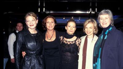 Cate Blanchett, in a leather coat, with Wendy Hughes, Messa Humphries and Penne Hackforth, at the premiere of 'Paradise Road' in Sydney, Australia, on April 11, 1997. Getty Images