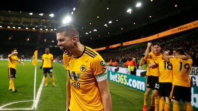Wolverhampton Wanderers' Conor Coady celebrates after Diogo Jota scores their second goal. Reuters