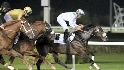 Dubai Avenue won the Strata Trophy 1600m at the Meydan Racecourse in Dubai. Pawan Singh / The National