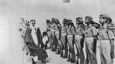 Sheikh Shakhbut bin Sultan Al Nahyan and Sheikh Tahnoon bin Saeed Al Nahyan inspect troops at Qasr Al Hosn. Photo: The Ruling Family