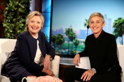 Hillary Clinton, left, sits with Ellen DeGeneres during a commercial break in taping of the Ellen Show in Los Angeles, California in 2016. Reuters