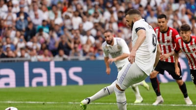 Real Madrid's striker Karim Benzema scores from the penalty spot to make it 1-1 against Athletic Club at the Bernabeu in Madrid, Spain, 04 June 2023. EPA