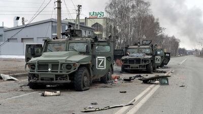 Russian Tigr infantry vehicles destroyed after fighting in Kharkiv. AFP