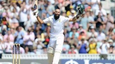 Hashim Amla of South Africa celebrates reaching his double century during day four of the first Test against England at The Oval. Gareth Copley / Getty Images
