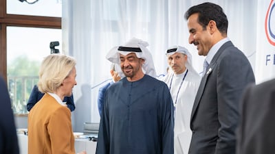Sheikh Mohamed with Sheikh Tamim and Ursula von der Leyen, President of the European Commissio. UAE Presidential Court