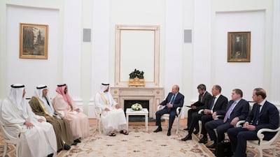 Sheikh Mohammed bin Zayed, Crown Prince of Abu Dhabi and Deputy Supreme Commander of the UAE Armed Forces (fourth left), meets Vladimir Putin, President of Russia (fifth right), at the Kremlin. They are seen with Khaldoon Khalifa Al Mubarak, CEO and Managing Director Mubadala, Chairman of the Abu Dhabi Executive Affairs Authority and Abu Dhabi Executive Council Member (left), Dr Anwar Gargash, UAE Minister of State for Foreign Affairs (second left), Sheikh Tahnoon bin Zayed, UAE National Security Advisor (third left), Sergey Lavrov, Minister of Foreign Affairs of Russia (third right) and Denis Manturov, Minister of Industry and Trade of Russia (right). Mohamed Al Hammadi / Crown Prince Court - Abu Dhabi