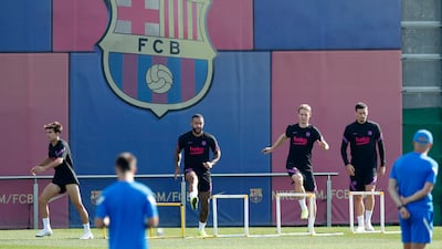 Barcelona's Riqui Puig, Memphis Depay, Luuk de Jong and Clement Lenglet on the eve of their Champions League match against Benfica on Wednesday, September 29. Reuters