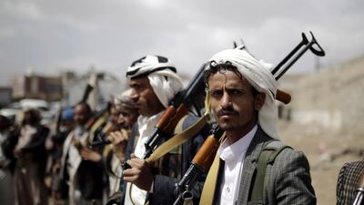 Tribal supporters of Houthi rebels carry their weapons during a gathering to mobilise more fighters into battlefronts against government forces, in Sanaa, Yemen, 16 March 2019. EPA