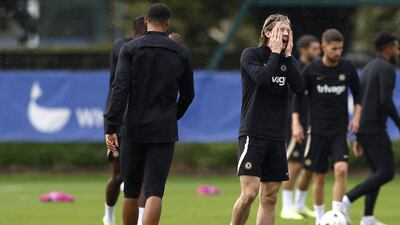 Chelsea's Conor Gallagher, right, during training session at Cobham. PA