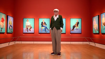 Hockney with his works at the Royal Academy of Arts, in London, in 2017. PA
