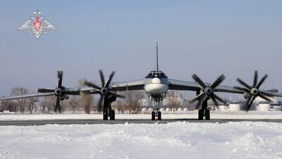 A Russian Tu-95MS bomber aircraft during the Grom-2022 Strategic Deterrence Force exercise at an undefined location in Russia. AFP