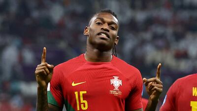 Portugal's Rafael Leao celebrates scoring their sixth goal. Reuters