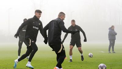 Chelsea's Kai Havertz, left, during a training session at Cobham. PA