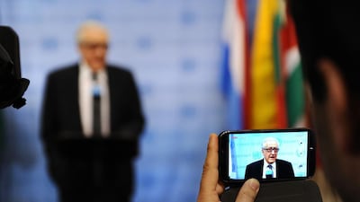 UN-Arab League envoy Lakhdar Brahimi talks to the media after briefing a Security Council meeting on Syria. Stan Honda / AFP / March 13, 2014