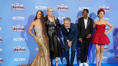 From left, Tessa Thompson, Klementieff, Waititi, Dyer and Portman. AP