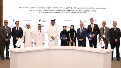 The signing witnessed by Dr Sultan Al Jaber, Minister of Industry and Advanced Technology and managing director and group chief executive of Adnoc and Sara Al Amiri, Minister of State for Public Education and Advanced Technology. Photo: Ministry of Industry and Advanced Technology