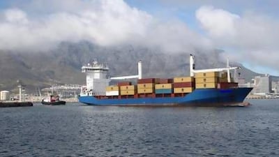 The 9,800 tonne container ship recently purchased by Typhon, will be the first of three planned escort ships. Once converted, she will have a flush deck to carry fast patrol boats, and be painted grey. Photo courtesy of Typhon