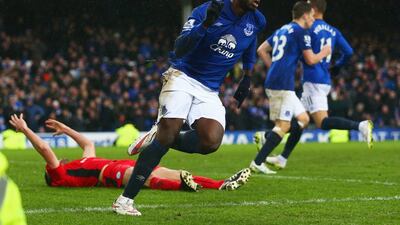 Romelu Lukaku of Everton celebrates as Matthew Upson of Leicester City scores an own goal to bring Everton level in a 2-2 Premier League draw on Sunday. Clive Brunskill / Getty Images.