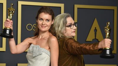 Elena Andreicheva and Carol Dysinger, winners of the best documentary short subject for 'Learning to Skateboard in a Warzone (If You're a Girl)' at the 92nd Academy Awards on Sunday, February 9. AP