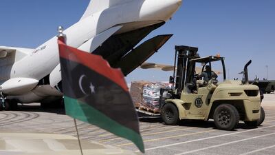 A delivery of medical supplies and relief items sent from the UAE is unloaded in Benghazi, Libya. Reuters