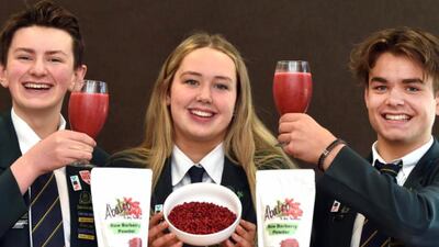 High school pupils Robert Donohoe, Abby Green and Alex Livingstone are behind Abalro Health, which created a supplement to tackle acne. New Zealand Expo