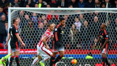 Marko Arnautovic begins to celebrate after scoring Stoke City’s second goal against Manchester United on Saturday. Dave Thompson / Getty Images