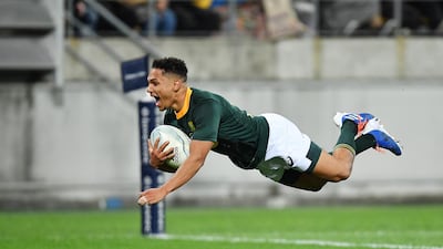 Herschel Jantjies celebrates his equalising try for South Africa against New Zealand in the Rugby Championship. Getty