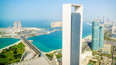 Aerial view of Corniche and downtown area of Abu Dhabi, UAE.