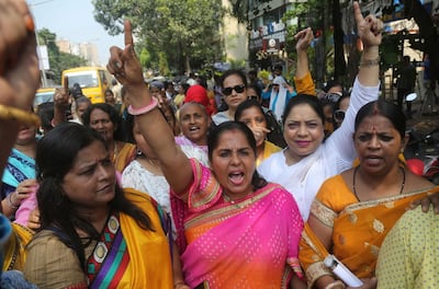 Activists of Congress party’s women’s wing marching in support of actress Tanushree Dutta, who made allegations of sexual harassment against co-actor Nana Patekar. Rafiq Maqbool / AP