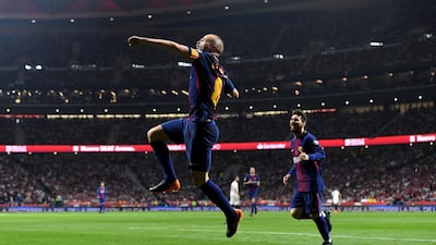 Andres Iniesta celebrates after scoring Barcelona's fourth goal during their Copa del Rey final against Sevilla FC at the Wanda Metropolitano stadium in Madrid. David Ramos / Getty Images