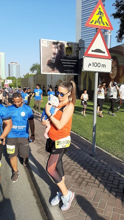 Tania Lolla Kaddoura with her son Noah, then only seven weeks old, at his first Dubai Run in 2019. Photo: Tania Lolla Kaddoura