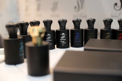Perfumes on display at Suhail Al Hashmi's stand at Adihex. Pawan Singh / The National