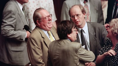 Jean-Marie Le Pen, left, with fellow MEP and party colleague Carl Lang at the Palais de l'Europe in Strasbourg in July 1994. AFP