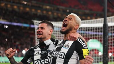 Bruno Guimaraes celebrates Newcastle's win with Joelinton. Getty Images
