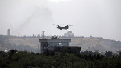 A US helicopter at the American embassy in Kabul on the day the city fell to the Taliban. Afghanistan’s collapse has prompted questions about Nato’s future. AP